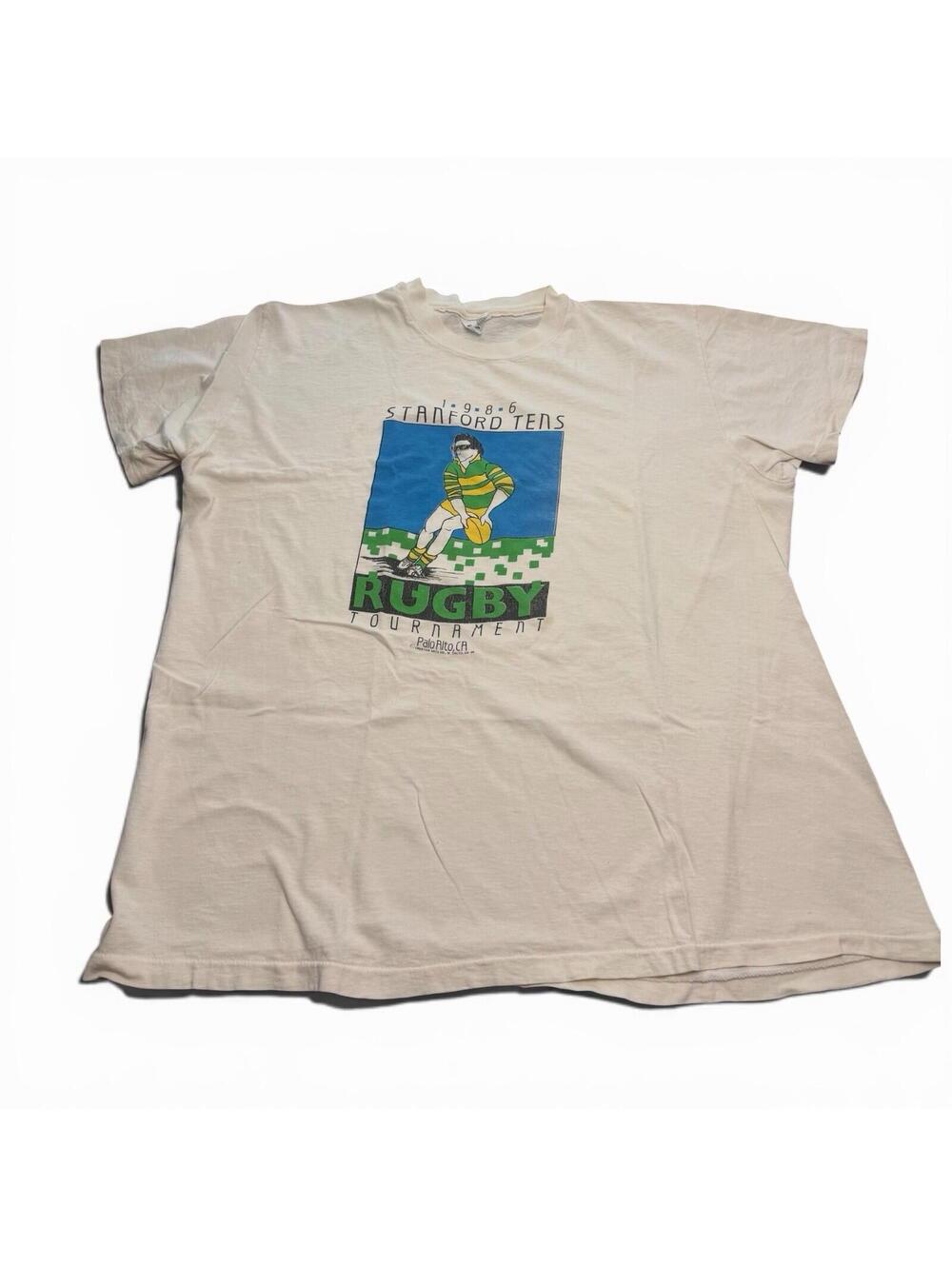 Vtg 80s Stanford Rugby Tournament Graphic Tee Boxy Faded USA Single Stitch XL